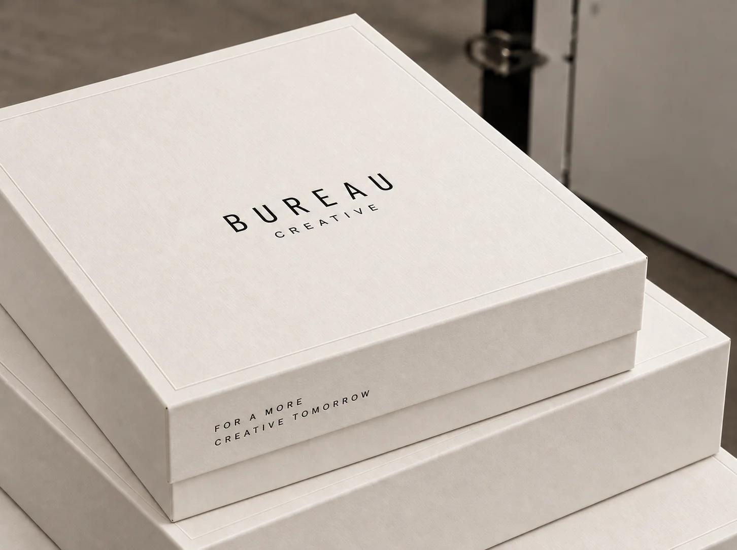 A white Bureau Creative presentation box